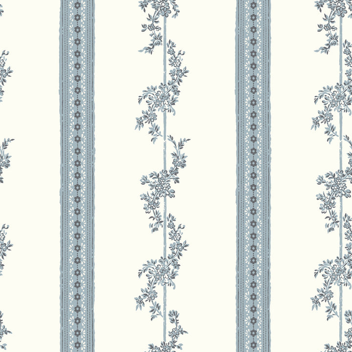 Drottningholm Periwinkle Floral Stripe Wallpaper by Wall Vision In Bloom Covers about 57.8 square feet 21-in by 33-ft long roll Unpasted 21 - Fabric Carolina -