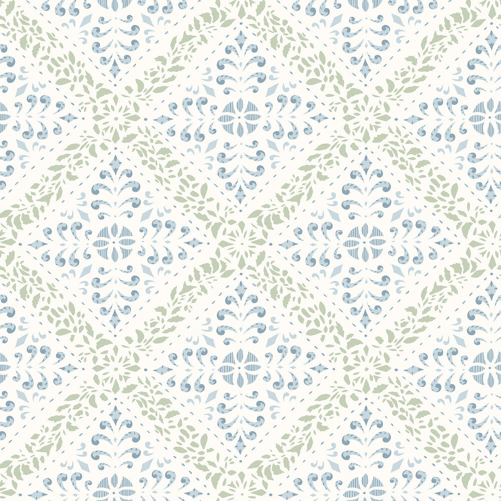 Nyborg Blue Ornamental Geometric Wallpaper by Wall Vision In Bloom Covers about 57.8 square feet 21-in by 33-ft long roll Unpasted 10.5 - Fabric Carolina -