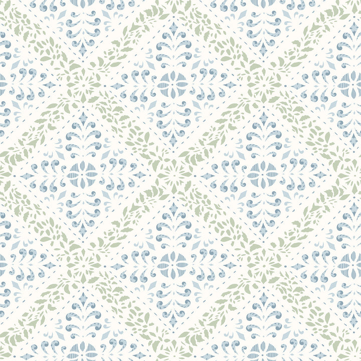 Nyborg Blue Ornamental Geometric Wallpaper by Wall Vision In Bloom Covers about 57.8 square feet 21-in by 33-ft long roll Unpasted 10.5 - Fabric Carolina -