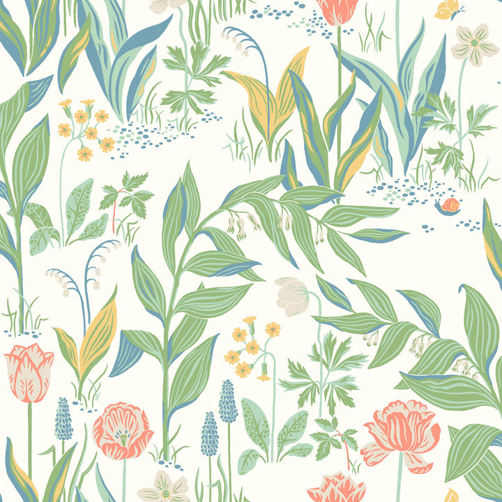 Spring Garden Off White Botanical Wallpaper by Wall Vision In Bloom Covers about 57.8 square feet 21-in by 33-ft long roll Unpasted 21 - Fabric Carolina -