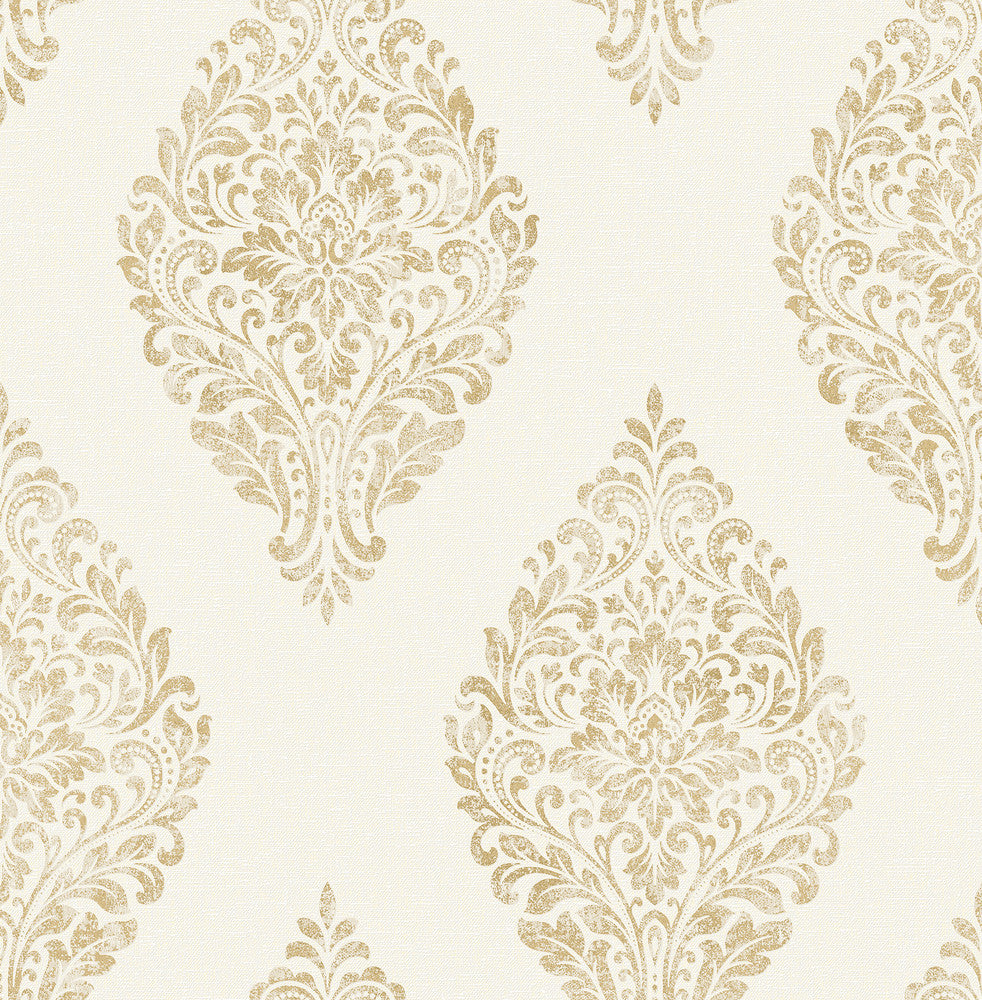 Pascale Off White Medallion Wallpaper by Advantage Metallic Covers about 56.4 square feet 20.5-in by 33-ft long roll Unpasted 10.4 - Fabric Carolina -