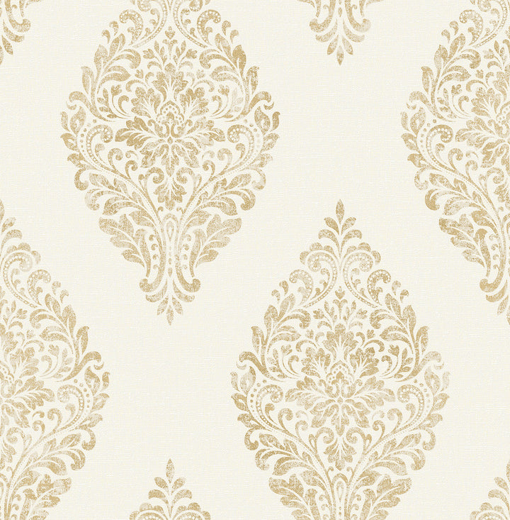 Pascale Off White Medallion Wallpaper by Advantage Metallic Covers about 56.4 square feet 20.5-in by 33-ft long roll Unpasted 10.4 - Fabric Carolina -