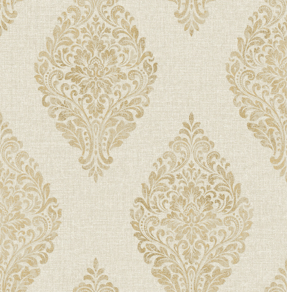 Pascale Gold Medallion Wallpaper by Advantage Metallic Covers about 56.4 square feet 20.5-in by 33-ft long roll Unpasted 10.4 - Fabric Carolina -