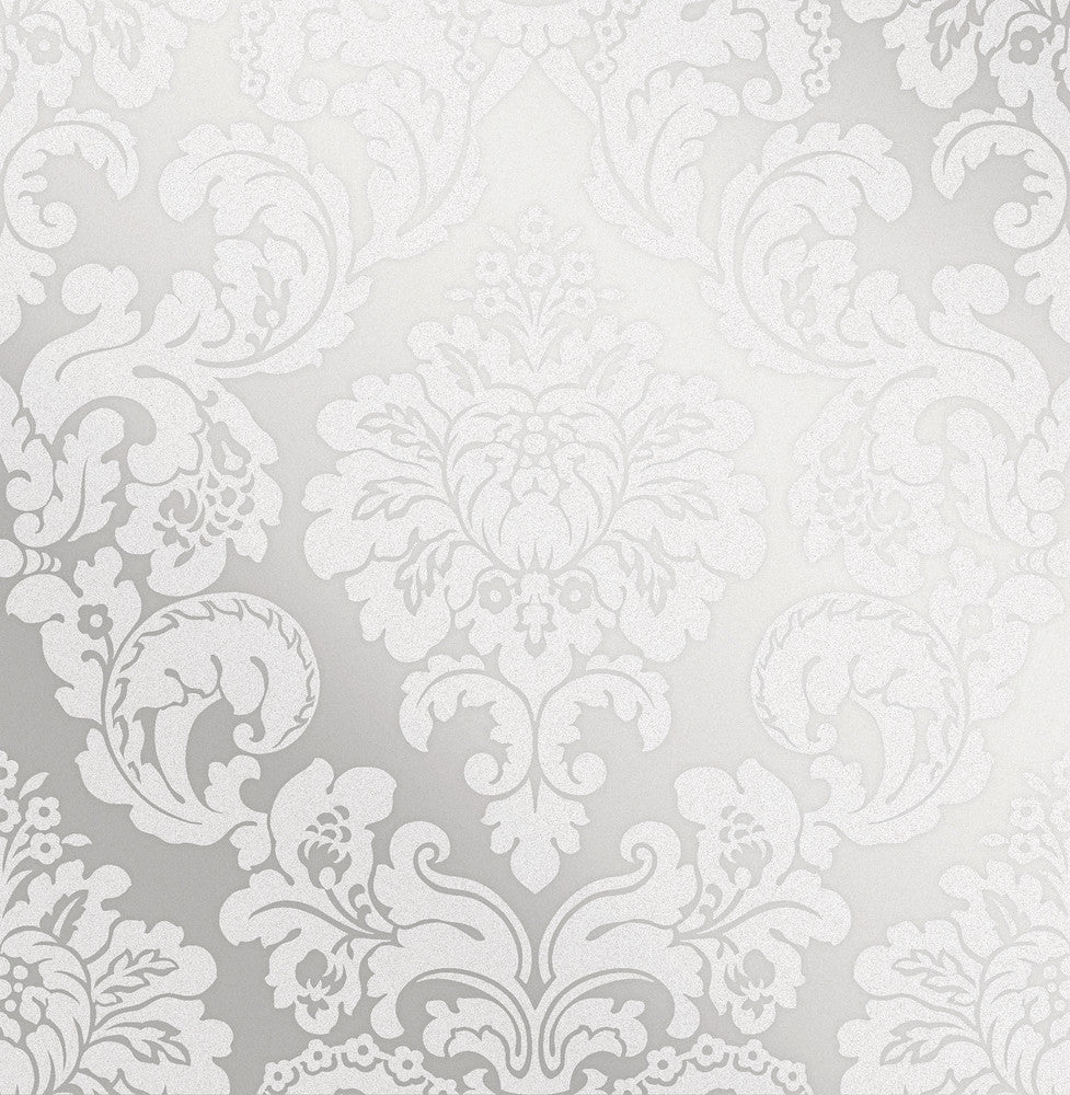 Margot Silver Damask Wallpaper by Advantage Metallic Covers about 56.4 square feet 20.5-in by 33-ft long roll Unpasted 20.9 - Fabric Carolina -