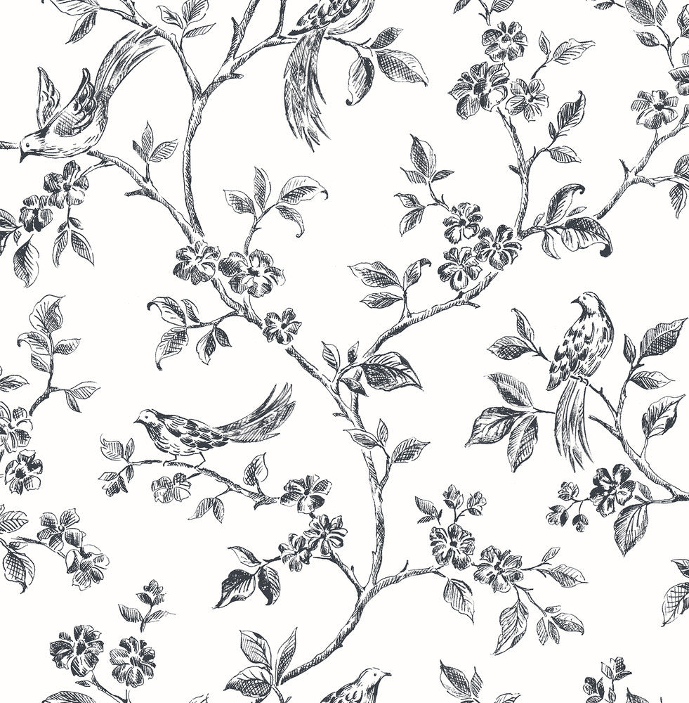 Ophelia Black Bird Trail Wallpaper by Advantage Shades of Grey Covers about 56.4 square feet 20.5-in by 33-ft long roll Unpasted 10.4 - Fabric Carolina -