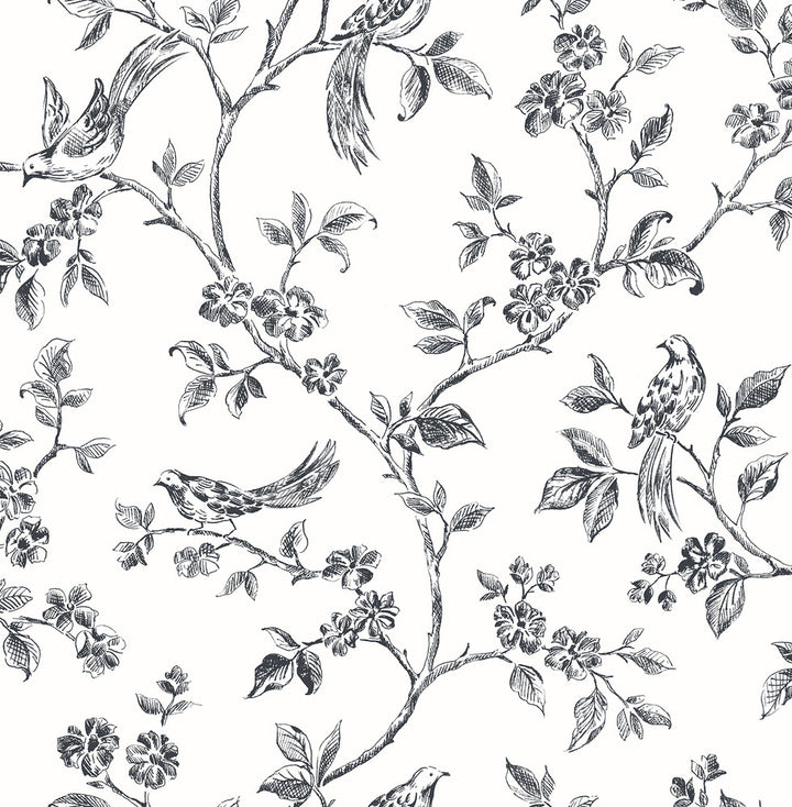 Ophelia Black Bird Trail Wallpaper by Advantage Shades of Grey Covers about 56.4 square feet 20.5-in by 33-ft long roll Unpasted 10.4 - Fabric Carolina -