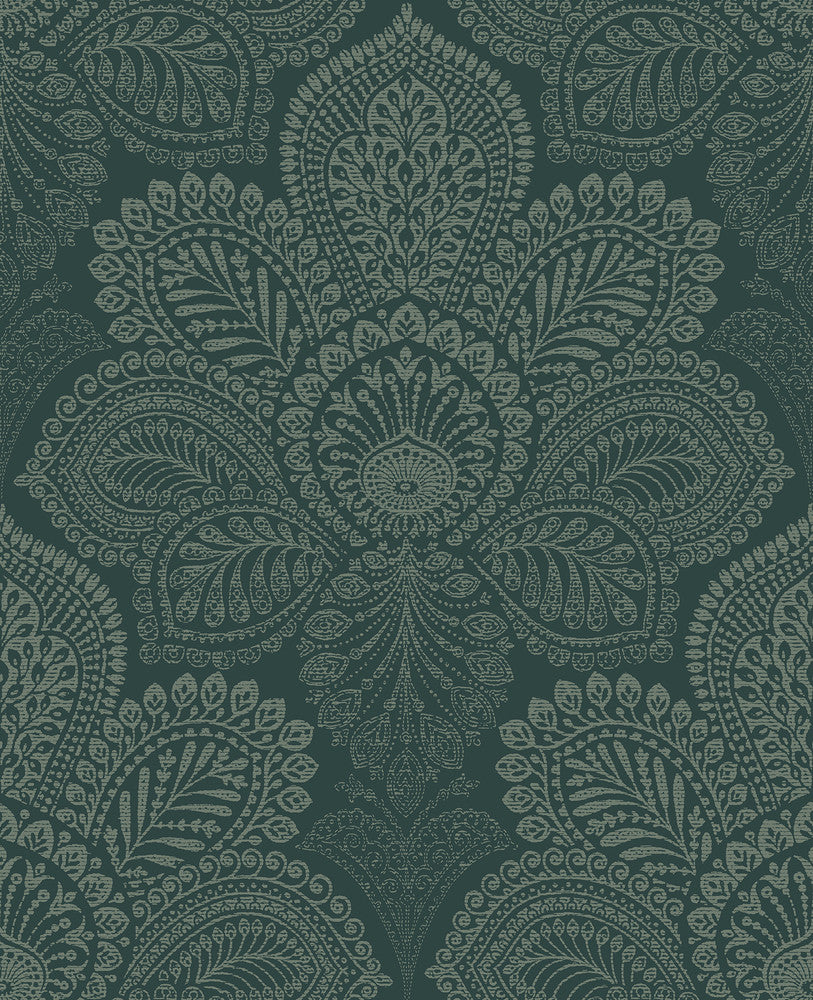 Triumph Dark Green Medallion Wallpaper by A-Street Prints Equinox Covers about 56.4 square feet 20.5-in by 33-ft long roll Unpasted 25.2 - Fabric Carolina -