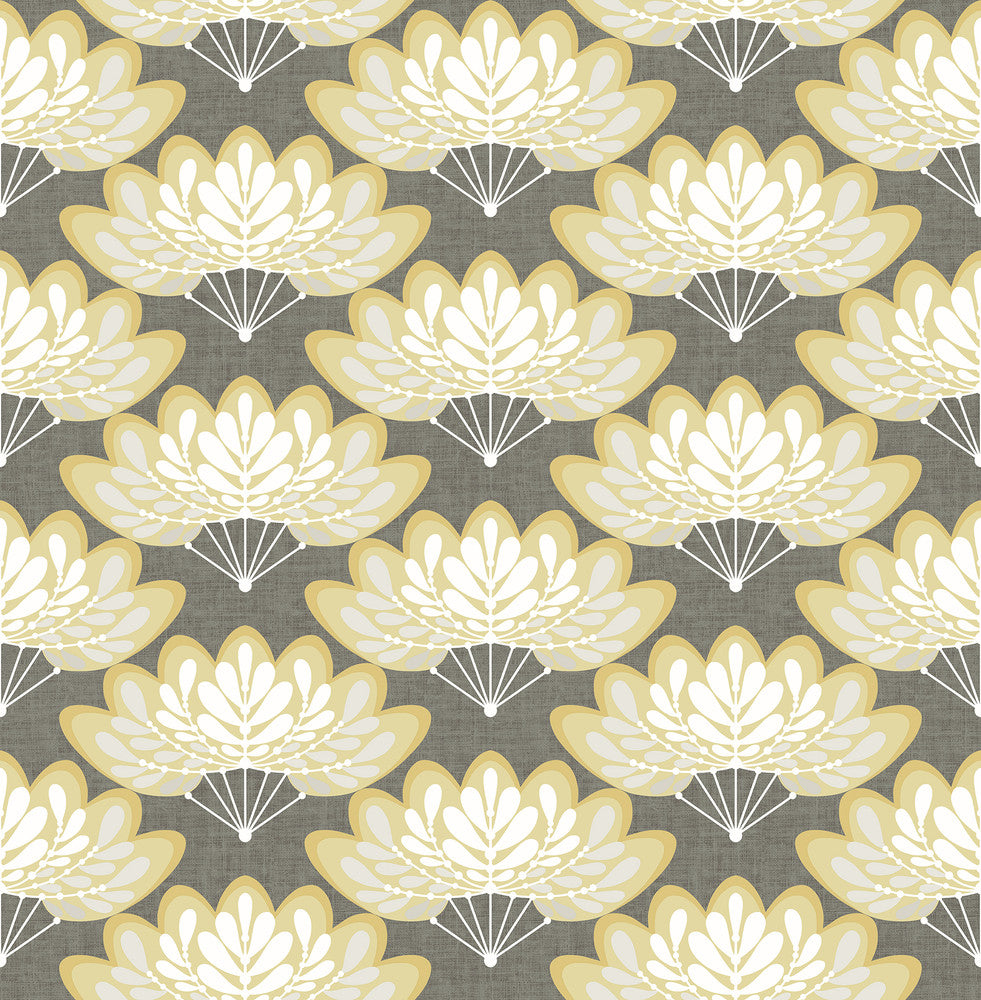 Lotus Mustard Floral Fans Wallpaper by A-Street Prints Equinox Covers about 56.4 square feet 20.5-in by 33-ft long roll Unpasted 5.2 - Fabric Carolina -