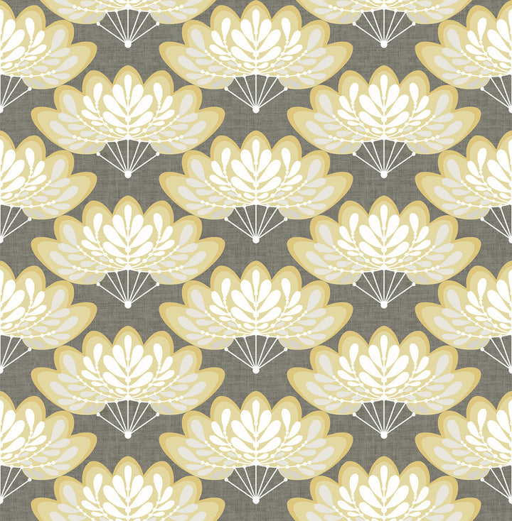 Lotus Mustard Floral Fans Wallpaper by A-Street Prints Equinox Covers about 56.4 square feet 20.5-in by 33-ft long roll Unpasted 5.2 - Fabric Carolina -
