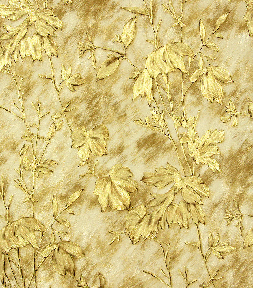 Portofino Gold Cow Leaves Wallpaper by Brewster Selvaggia Covers about 57.8 square feet 21-in by 33-ft long roll Unpasted 25 - Fabric Carolina -