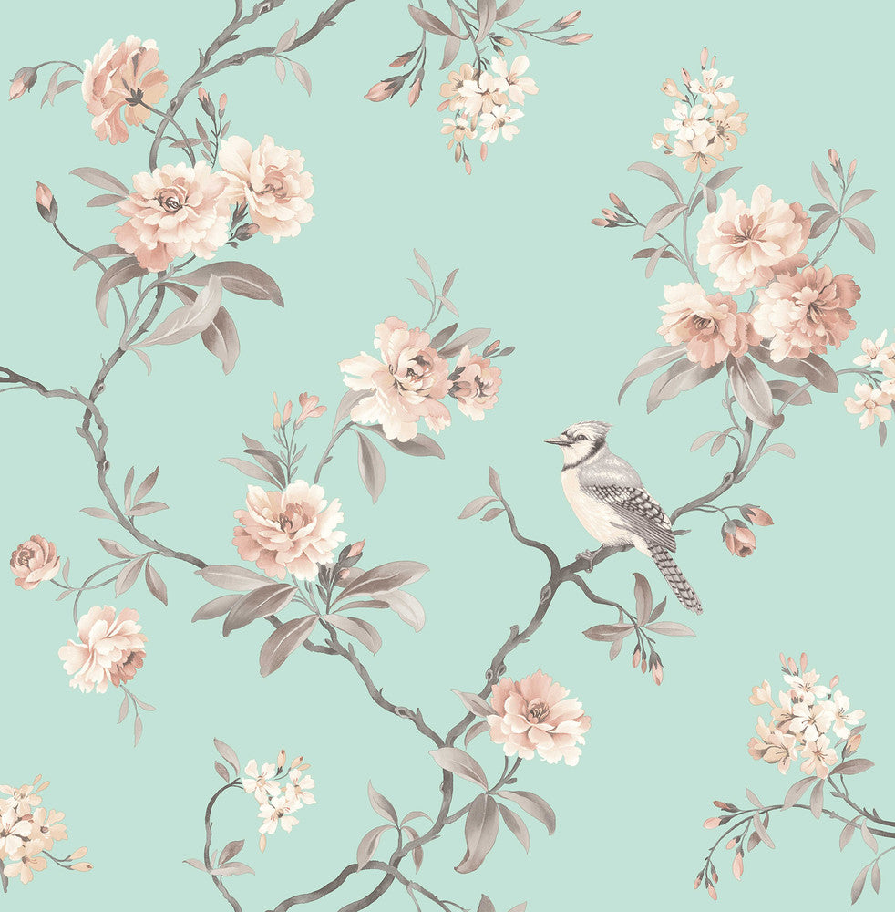 Chinoiserie Seafoam Floral Wallpaper by Fine Decor Medley Covers about 56.4 square feet Great Britain Unpasted 20.86-in repeat, drop match 20.5-in by 33-ft long roll - Fabric Carolina -