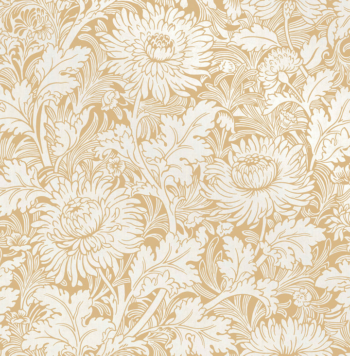 Zinnia Mustard Floral Wallpaper by Fine Decor Medley Covers about 56.4 square feet Great Britain Unpasted 20.9-in repeat, drop match 20.5-in by 33-ft long roll - Fabric Carolina -