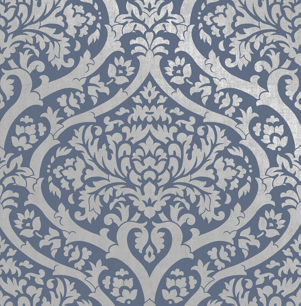 Sandringham Blue Damask Wallpaper by Fine Decor Medley Covers about 56.4 square feet Great Britain Unpasted 20.9-in repeat, straight match 20.5-in by 33-ft long roll - Fabric Carolina -