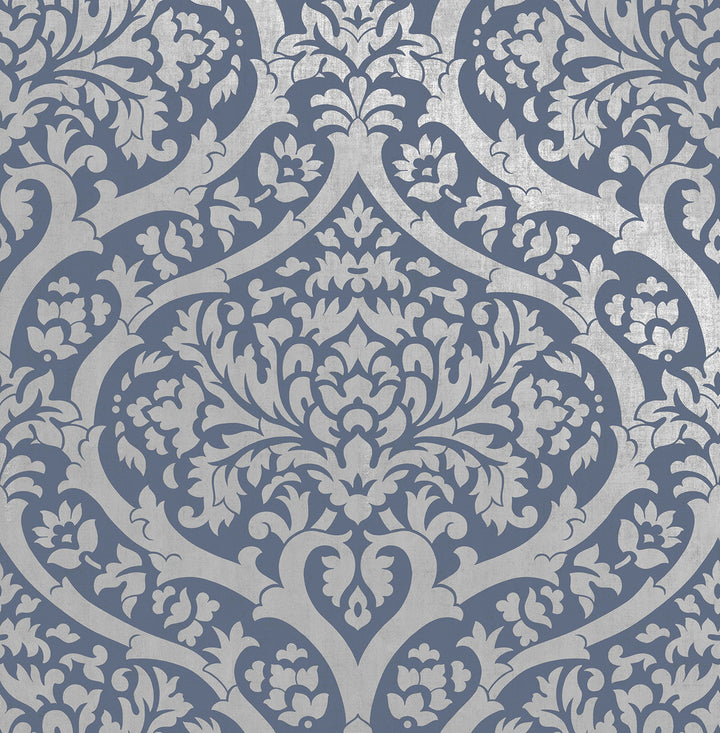 Sandringham Blue Damask Wallpaper by Fine Decor Medley Covers about 56.4 square feet Great Britain Unpasted 20.9-in repeat, straight match 20.5-in by 33-ft long roll - Fabric Carolina -