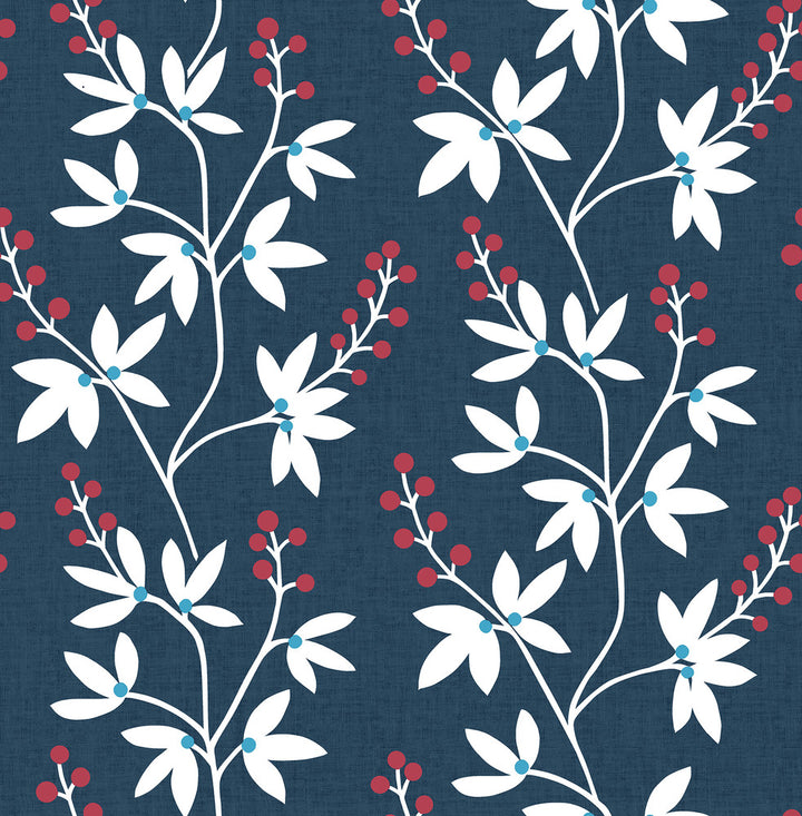 Linnea Elsa Navy Botanical Trail Wallpaper by A-Street Prints Perennial Covers about 56.4 square feet 20.5-in by 33-ft long roll Unpasted 20.9 - Fabric Carolina -