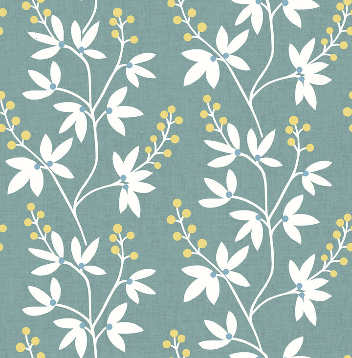 Linnea Elsa Teal Botanical Trail Wallpaper by A-Street Prints Perennial Covers about 56.4 square feet 20.5-in by 33-ft long roll Unpasted 20.9 - Fabric Carolina -