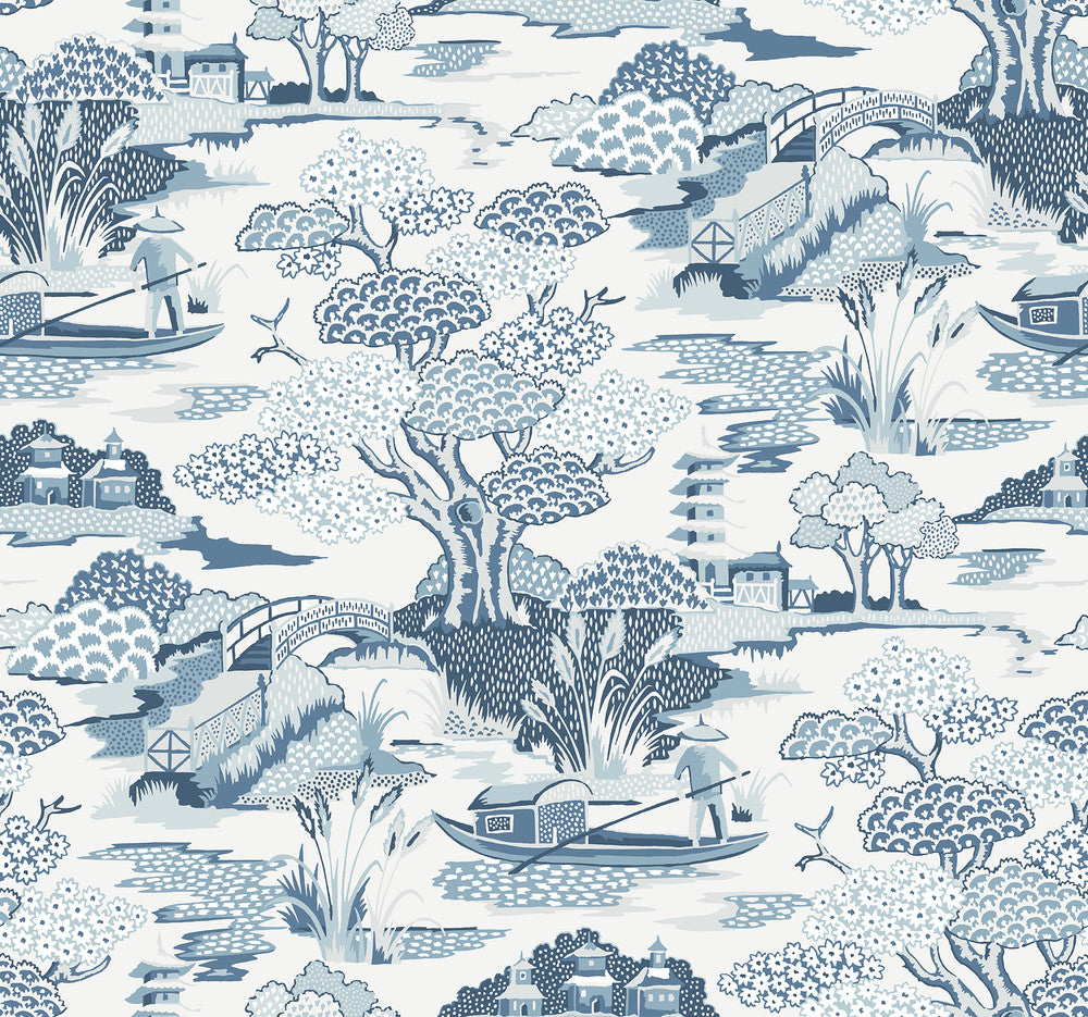 Joy De Vie Blue Toile Wallpaper by A-Street Prints Perennial Covers about 60.8 square feet 27-in by 27-ft long roll Unpasted 25.2 - Fabric Carolina -