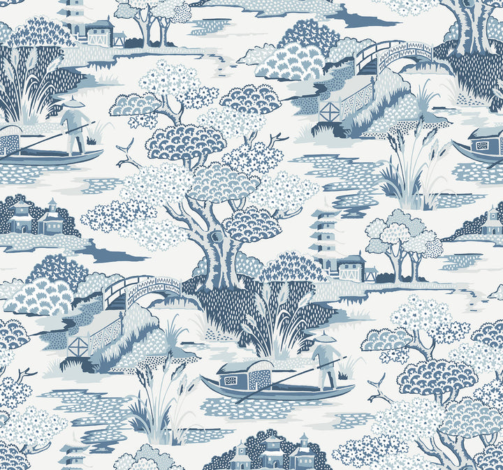 Joy De Vie Blue Toile Wallpaper by A-Street Prints Perennial Covers about 60.8 square feet 27-in by 27-ft long roll Unpasted 25.2 - Fabric Carolina -