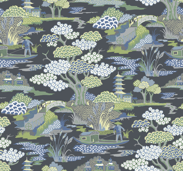 Joy De Vie Indigo Toile Wallpaper by A-Street Prints Perennial Covers about 60.8 square feet 27-in by 27-ft long roll Unpasted 25.2 - Fabric Carolina -