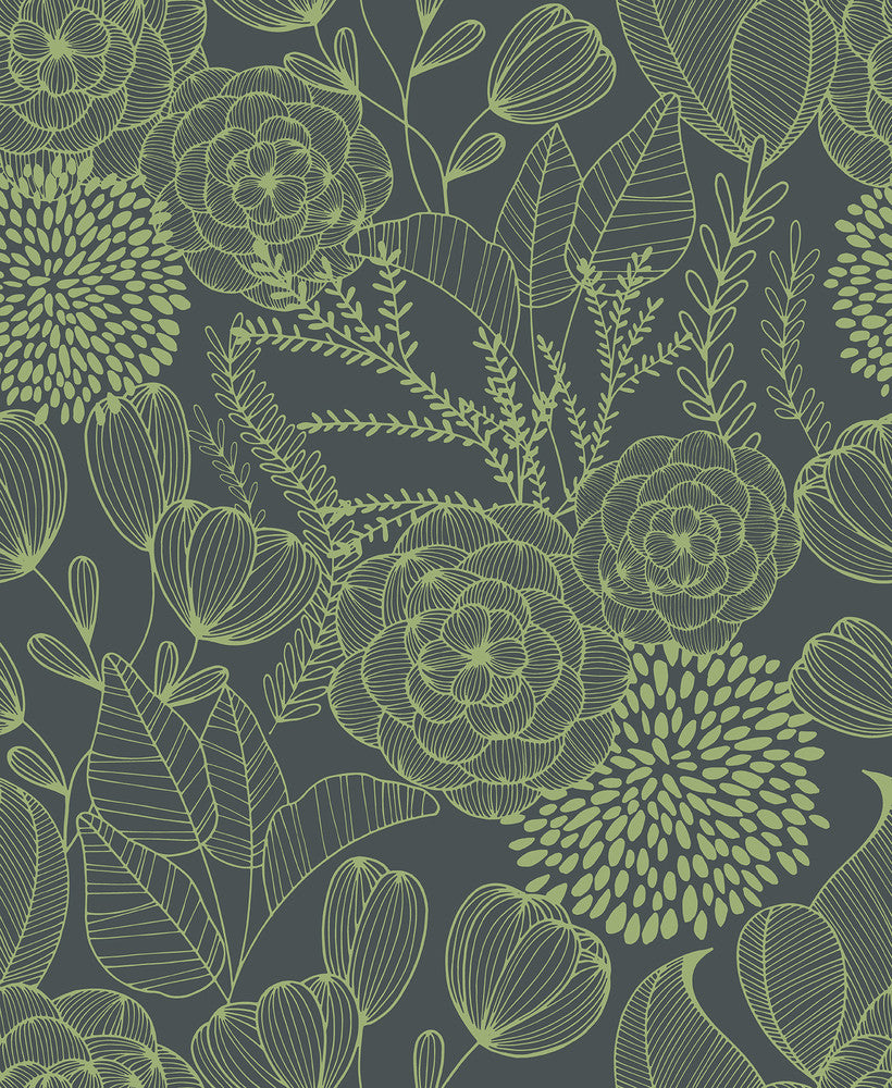 Alannah Green Botanical Wallpaper by A-Street Prints BlueBell Covers about 56.4 square feet 20.5-in by 33-ft long roll Unpasted 25.2 - Fabric Carolina -
