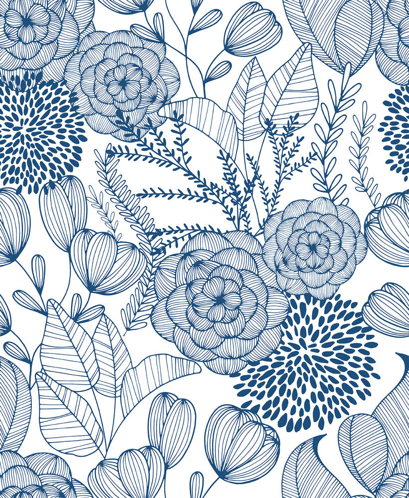 Alannah Navy Botanical Wallpaper by A-Street Prints BlueBell Covers about 56.4 square feet 20.5-in by 33-ft long roll Unpasted 25.2 - Fabric Carolina -