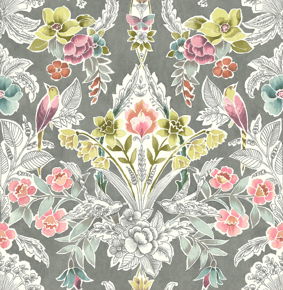 Vera Multicolor Floral Damask Wallpaper by A-Street Prints BlueBell Covers about 56.4 square feet 20.5-in by 33-ft long roll Unpasted 20.9 - Fabric Carolina -