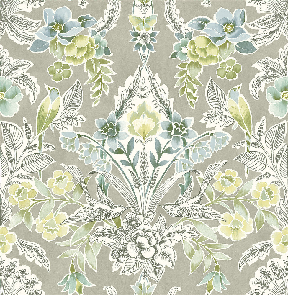 Vera Light Green Floral Damask Wallpaper by A-Street Prints BlueBell Covers about 56.4 square feet 20.5-in by 33-ft long roll Unpasted 20.9 - Fabric Carolina -