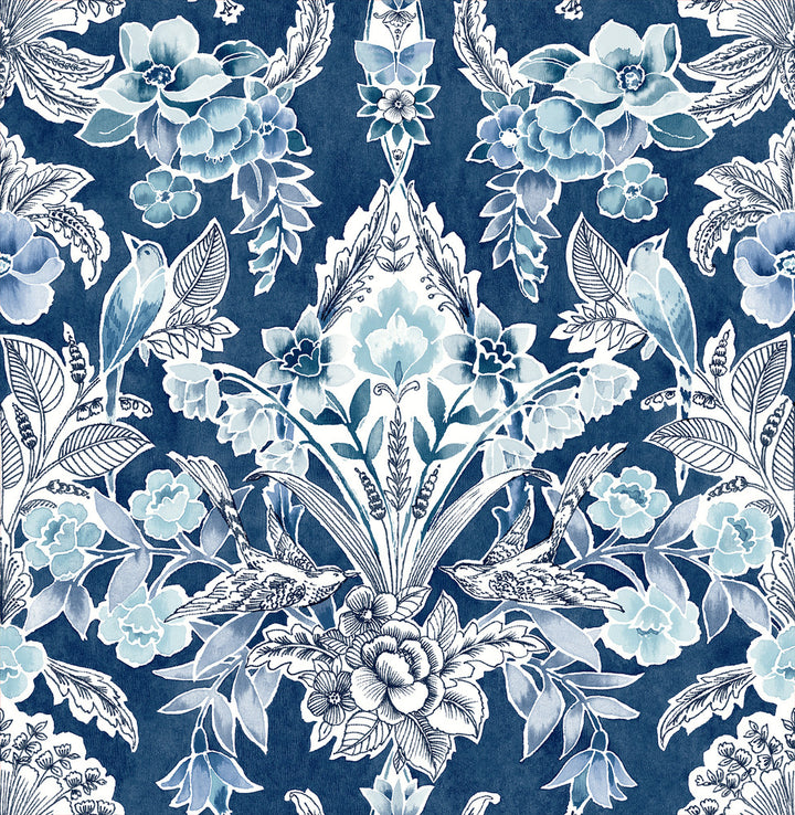 Vera Blue Floral Damask Wallpaper by A-Street Prints BlueBell Covers about 56.4 square feet 20.5-in by 33-ft long roll Unpasted 20.9 - Fabric Carolina -