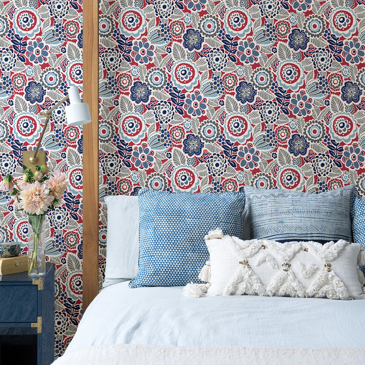 Lucy Red Floral Wallpaper by A-Street Prints BlueBell Covers about 56.4 square feet 20.5-in by 33-ft long roll Unpasted 20.9 - Fabric Carolina -