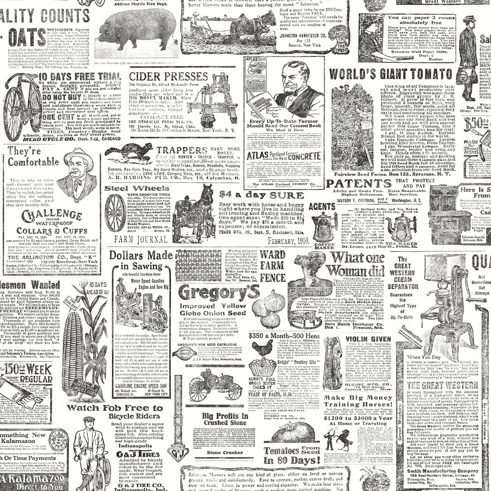 Underwood Black Newspaper Wallpaper by Brewster Fresh Start Kitchen & Bath Covers about 56.4 square feet 20.5-in by 33-ft long roll Prepasted 20.5 - Fabric Carolina -