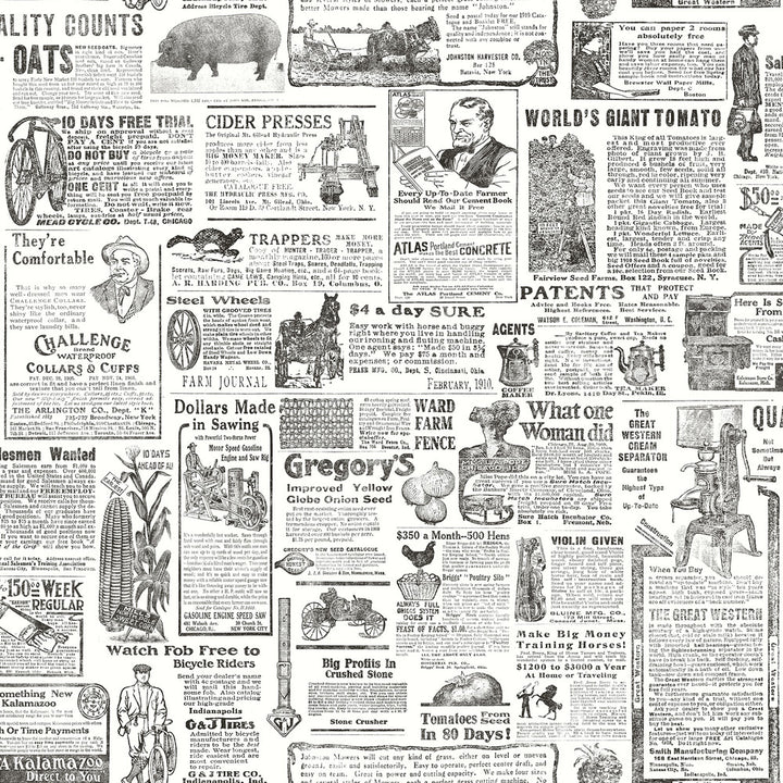 Underwood Black Newspaper Wallpaper by Brewster Fresh Start Kitchen & Bath Covers about 56.4 square feet 20.5-in by 33-ft long roll Prepasted 20.5 - Fabric Carolina -