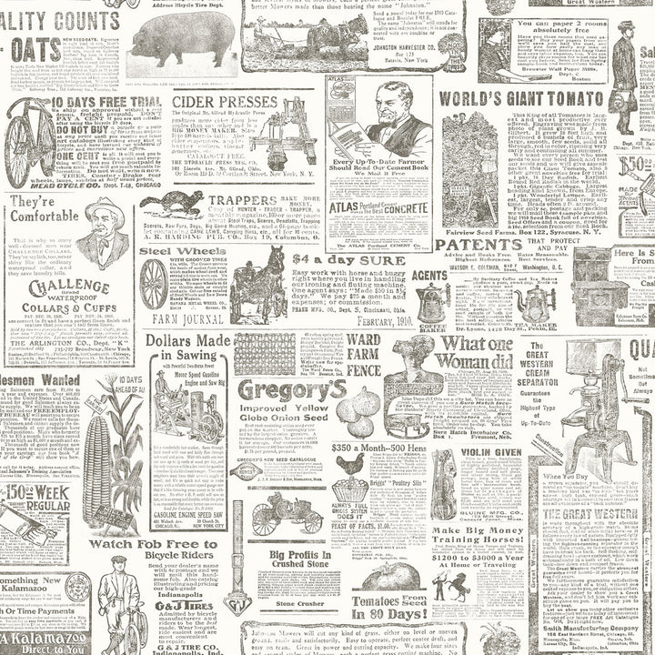 Underwood Brown Newspaper Wallpaper by Brewster Fresh Start Kitchen & Bath Covers about 56.4 square feet 20.5-in by 33-ft long roll Prepasted 20.5 - Fabric Carolina -