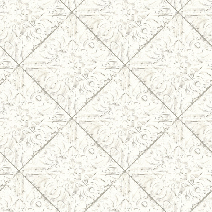 Brandi White Tin Tile Wallpaper by Brewster Fresh Start Kitchen & Bath Covers about 56.4 square feet 20.5-in by 33-ft long roll Prepasted 20.5 - Fabric Carolina -