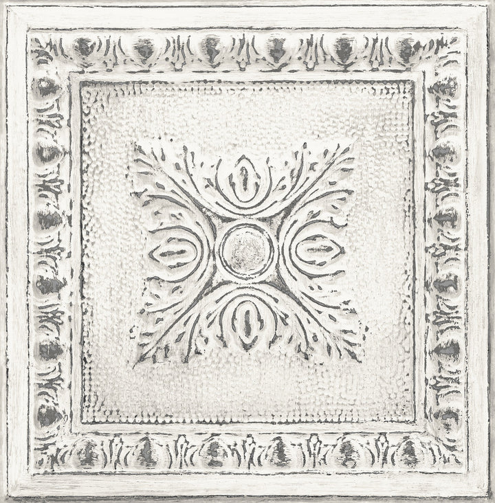 Hazley White Ornament Tin Tile Wallpaper by Brewster Fresh Start Kitchen & Bath Covers about 56.4 square feet 20.5-in by 33-ft long roll Unpasted 20.9 - Fabric Carolina -