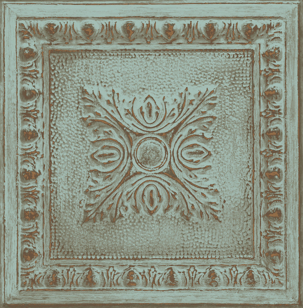 Hazley Turquoise Ornament Tin Tile Wallpaper by Brewster Fresh Start Kitchen & Bath Covers about 56.4 square feet 20.5-in by 33-ft long roll Unpasted 20.9 - Fabric Carolina -