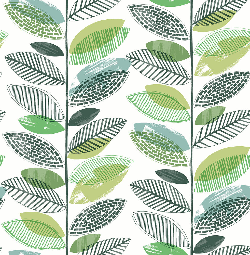 Nyssa Green Leaves Wallpaper by Brewster Fresh Start Kitchen & Bath Covers about 56.4 square feet 20.5-in by 33-ft long roll Unpasted 20.9 - Fabric Carolina -