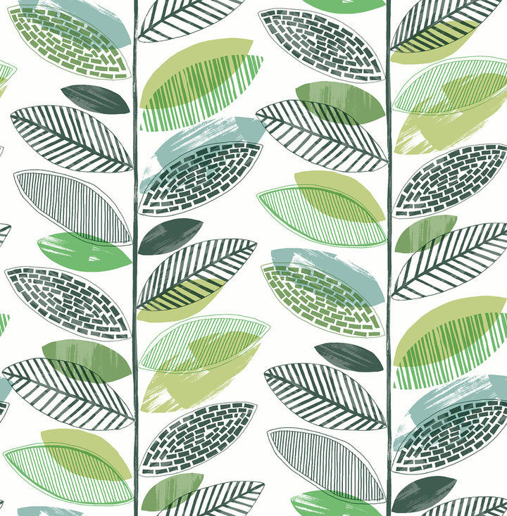 Nyssa Green Leaves Wallpaper by Brewster Fresh Start Kitchen & Bath Covers about 56.4 square feet 20.5-in by 33-ft long roll Unpasted 20.9 - Fabric Carolina -