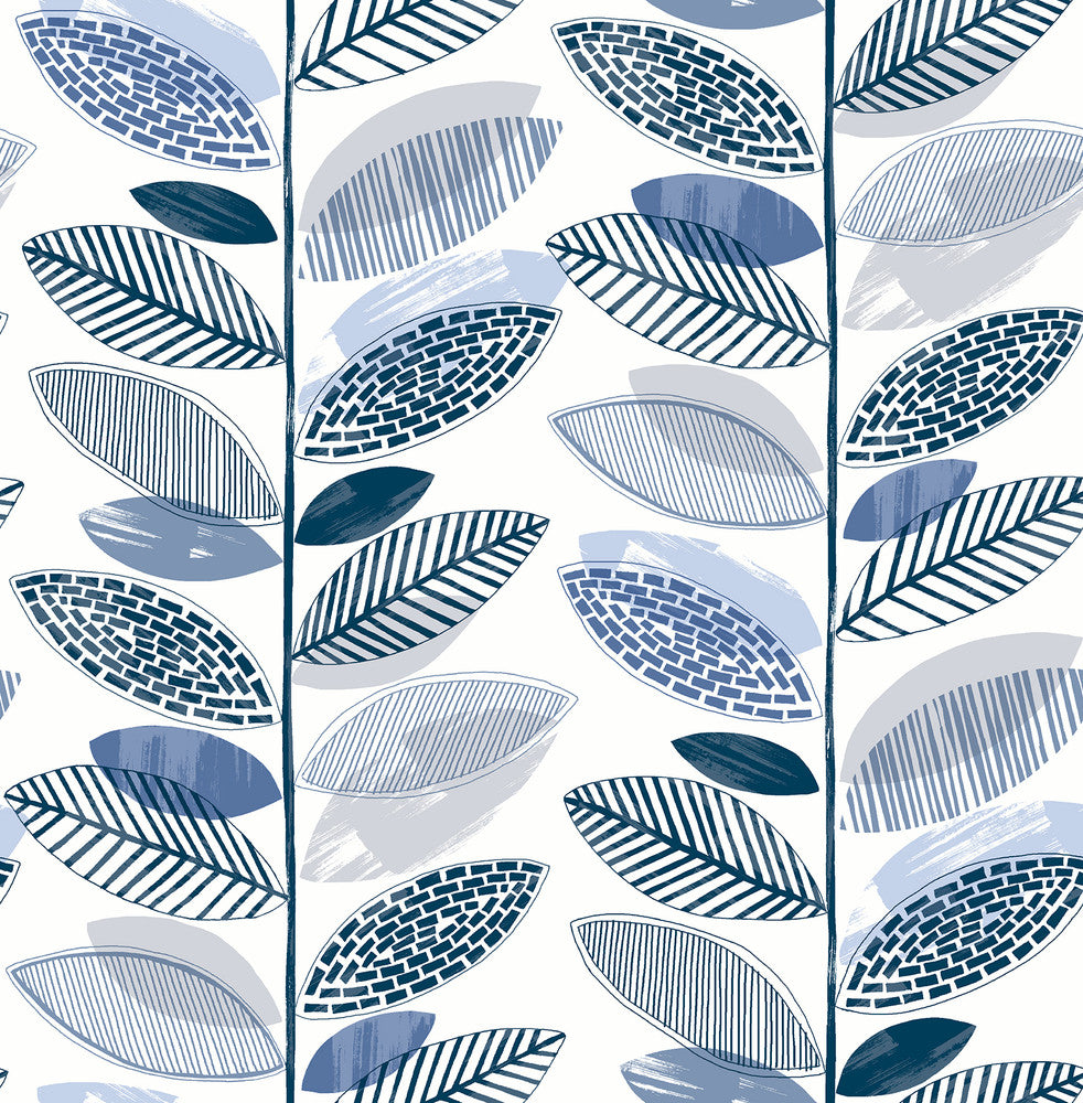 Nyssa Blue Leaves Wallpaper by Brewster Fresh Start Kitchen & Bath Covers about 56.4 square feet 20.5-in by 33-ft long roll Unpasted 20.9 - Fabric Carolina -