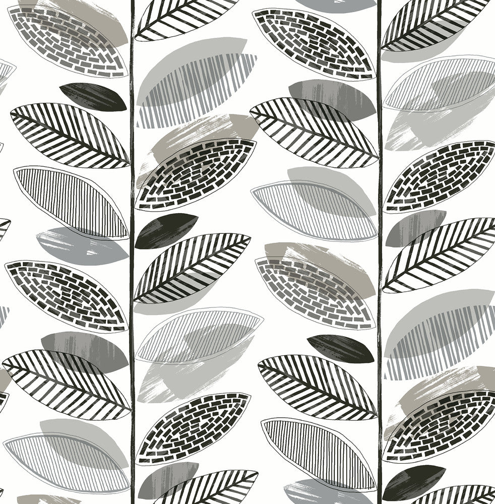 Nyssa Grey Leaves Wallpaper by Brewster Fresh Start Kitchen & Bath Covers about 56.4 square feet 20.5-in by 33-ft long roll Unpasted 20.9 - Fabric Carolina -