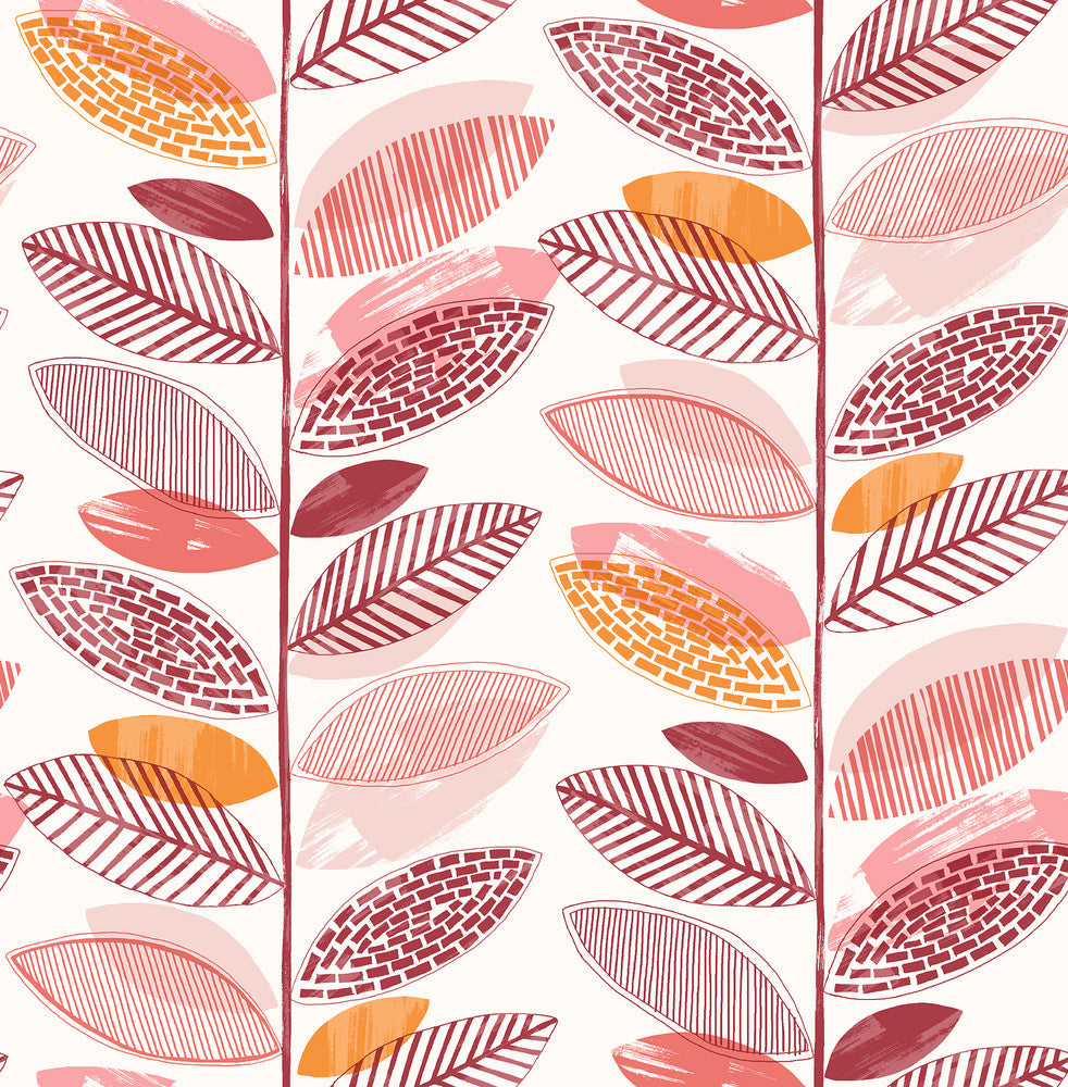 Nyssa Coral Leaves Wallpaper by Brewster Fresh Start Kitchen & Bath Covers about 56.4 square feet 20.5-in by 33-ft long roll Unpasted 20.9 - Fabric Carolina -