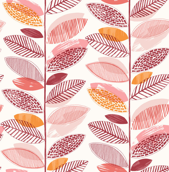 Nyssa Coral Leaves Wallpaper by Brewster Fresh Start Kitchen & Bath Covers about 56.4 square feet 20.5-in by 33-ft long roll Unpasted 20.9 - Fabric Carolina -
