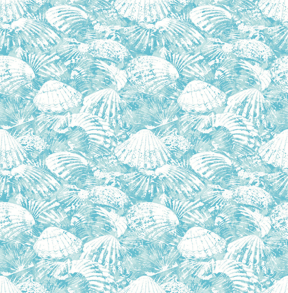 Surfside Aqua Shells Wallpaper by Brewster Fresh Start Kitchen & Bath Covers about 56.4 square feet 20.5-in by 33-ft long roll Unpasted 10.4 - Fabric Carolina -