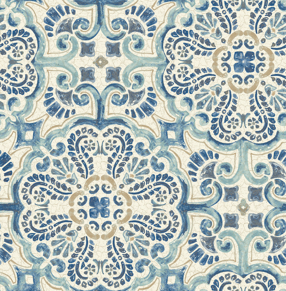 Florentine Blue Faux Tile Wallpaper by A-Street Prints Trilogy Covers about 56.4 square feet 20.5-in by 33-ft long roll Unpasted 21 - Fabric Carolina -