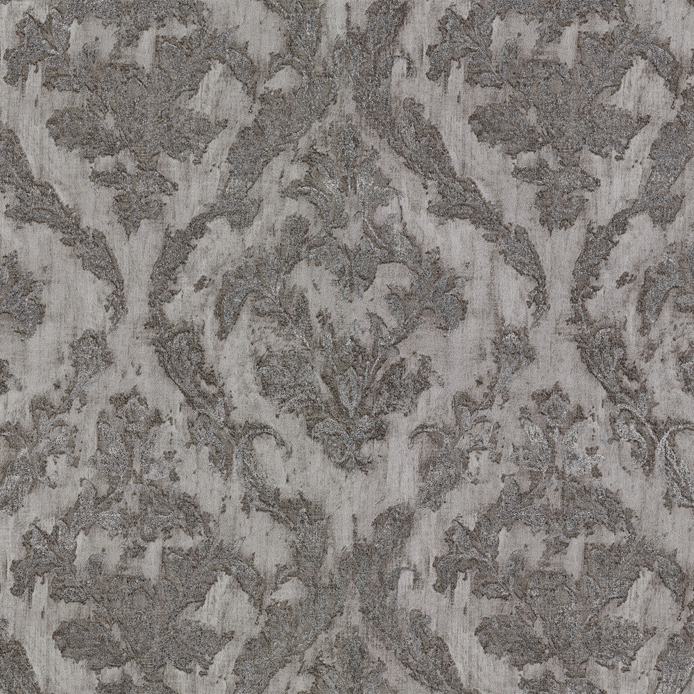 Lyra Pewter Damask Wallpaper by Brewster Polished Covers about 57.8 square feet China Unpasted 25.2-in repeat, straight match 21-in by 33-ft long roll - Fabric Carolina -