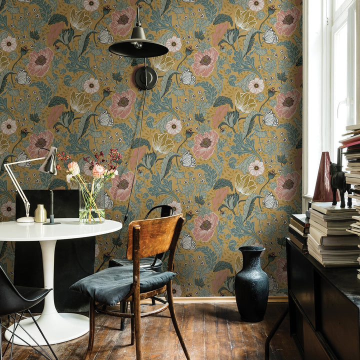Anemone Mustard Floral Wallpaper by A-Street Prints Designer
