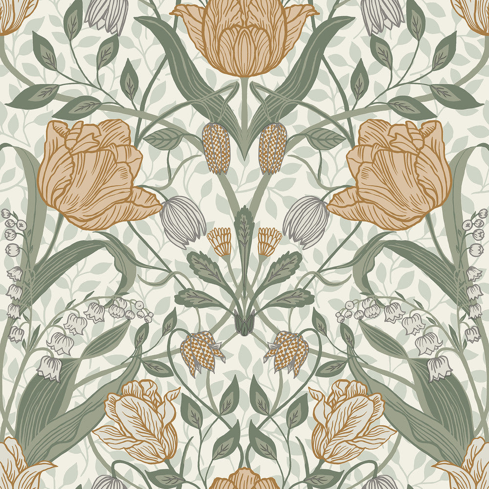 Tulipa Green Floral Wallpaper by A-Street Prints Spring Covers about 56.4 square feet 20.5-in by 33-ft long roll Unpasted 20.9 - Fabric Carolina -