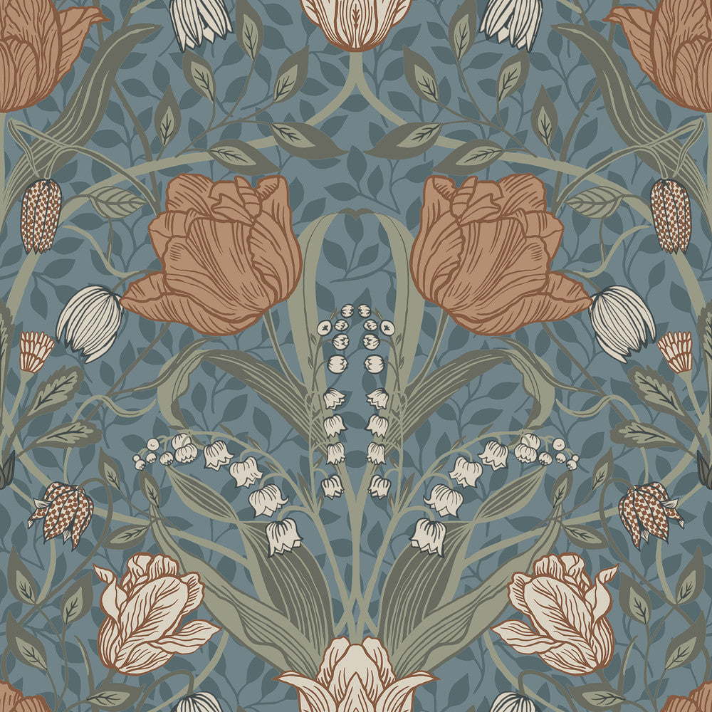 Tulipa Blue Floral Wallpaper by A-Street Prints Spring Covers about 56.4 square feet 20.5-in by 33-ft long roll Unpasted 20.9 - Fabric Carolina -