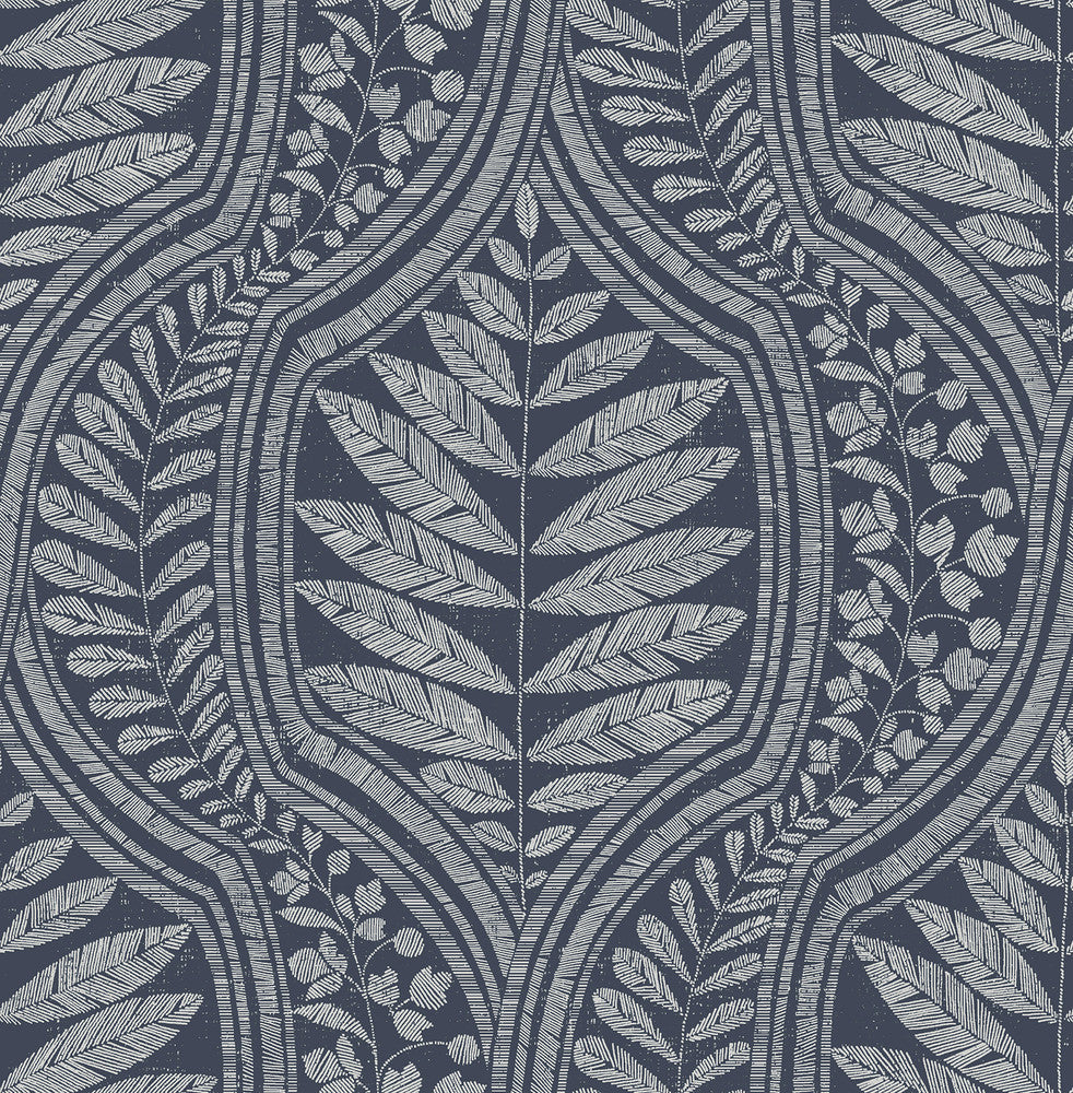 Juno Indigo Ogee Wallpaper by A-Street Prints Scott Living Covers about 56.4 square feet 20.5-in by 33-ft long roll Unpasted 20.8 - Fabric Carolina -