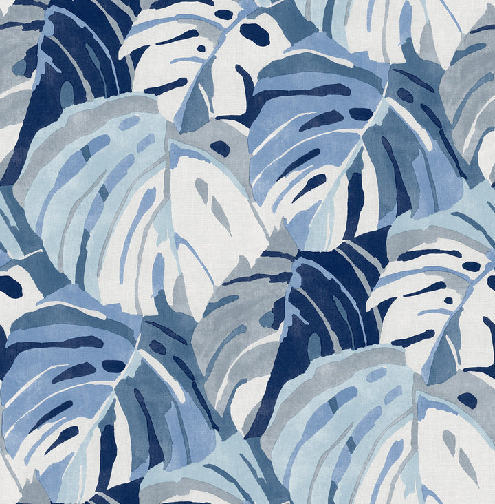 Samara Blue Monstera Leaf Wallpaper by A-Street Prints Pacifica Covers about 56.4 square feet 20.5-in by 33-ft long roll Unpasted 20.8 - Fabric Carolina -