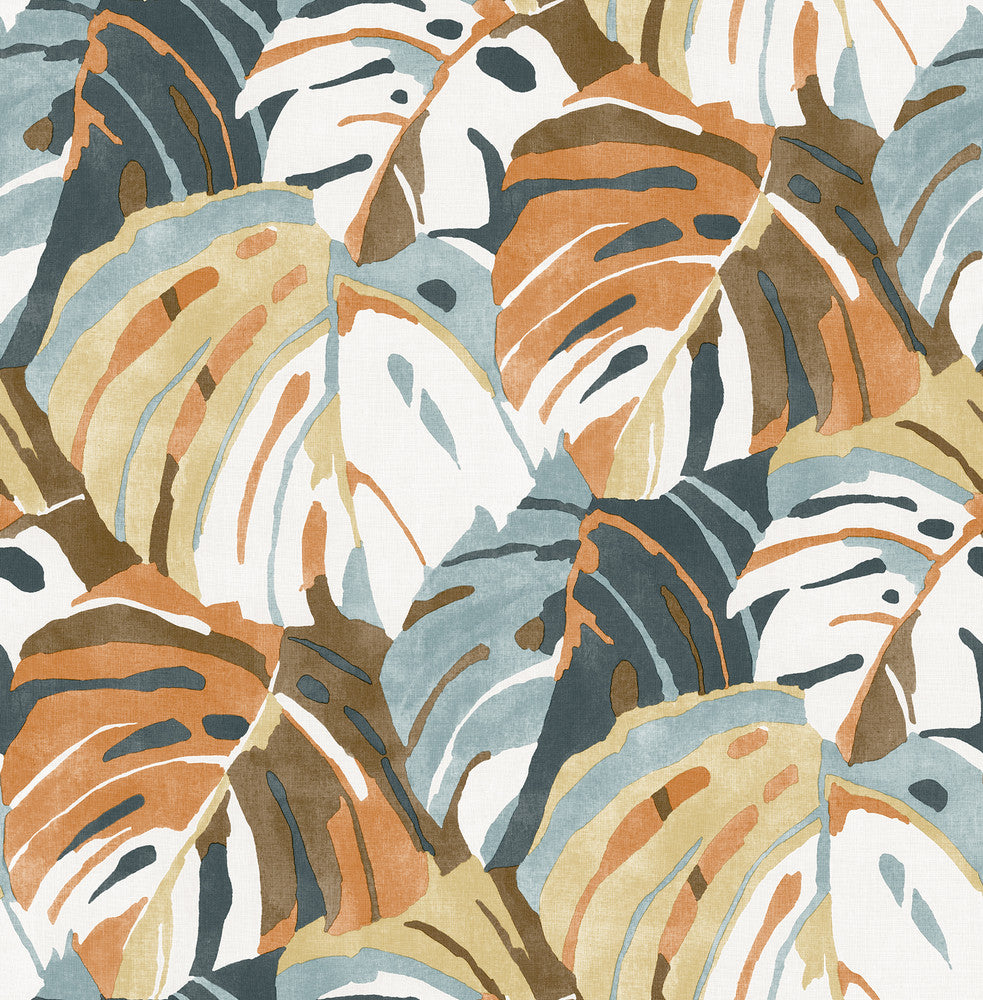 Samara Orange Monstera Leaf Wallpaper by A-Street Prints Pacifica Covers about 56.4 square feet 20.5-in by 33-ft long roll Unpasted 20.8 - Fabric Carolina -